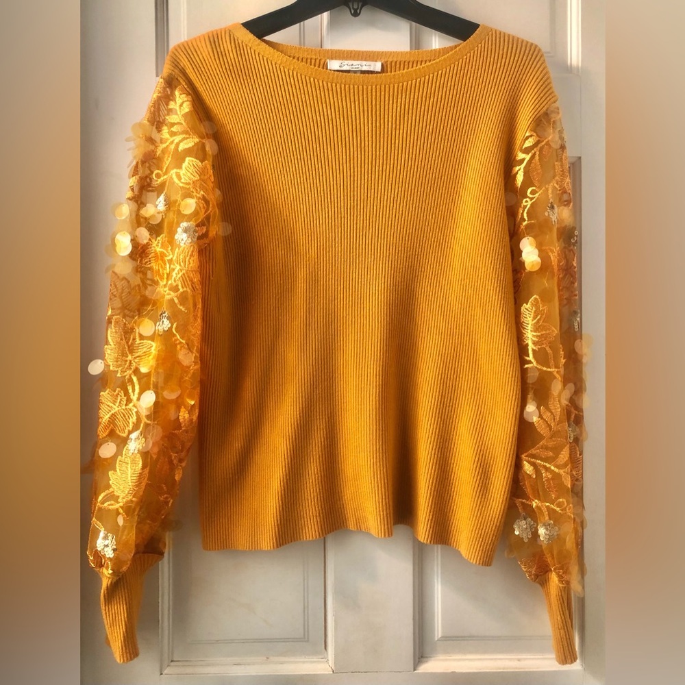 Sioni Milano Mustard Yellow Ribbed Knit Top Sequin Mesh Puff Sleeves M